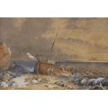English School, 19th century - A Shipwreck; Anglers in a Mountainous Landscape,  a pair, the first