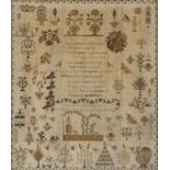 A Victorian linen sampler, Mary Ann Rushton aged 12 worked at Castle Bromwich School 1844, with