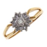 A diamond cluster ring, in gold marked 18ct GOLD, 3.2g, size M Good condition
