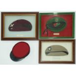 Three presentation berets in glazed frames, variously inscribed to Lt. Cdr. N J Hall and a French