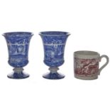 A pair of Copeland blue printed earthenware Spode's Italian pattern campana vases, early 20th c,