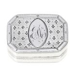 A George III silver vinaigrette, cut cornered, the engraved lid with oval cartouche, plain grille,