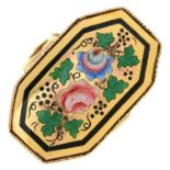 A gold and enamel ring, 19th c, the octagonal table enamelled en plein with flowers and leaves in