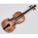 A violin, unlabelled, length of back 35.5cm, cased