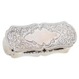 An Edwardian silver snuff box, of shaped outline with waisted sides, the lid engraved with scrolling