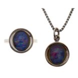 An opal doublet ring, in white gold coloured metal and a matching pendant and necklet, 7g Good