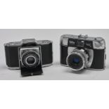 A Zeiss Ikon 35mm folding camera and a Halina camera