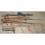 Angling. A collection of fishing reels and rods, c1900 and later, the reels to include a