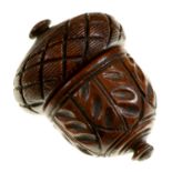 Treen. A richly patinated turned and carved wood nutmeg or spice grater, early 19th c, of acorn