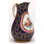 A Sevres ewer, pot a eau, the porcelain 18th c, the decoration later, painted with pink framed