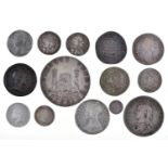 Coins. Great Britain, George I, Halfpenny, 1718, almost very fine; 6d 1828; 1/- 1696; 2/- 1849; 2/