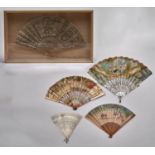 A French fan, 19th c, the chicken skin leaf painted with a shepherd and three young women in a