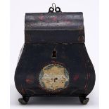 A japanned tinplate tea caddy, German or Dutch, c1800, of bombe form, painted with patera and