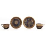 A pair of Wedgwood  gilt Rockingham brown glazed Queensware cups and saucers, c1880, saucer 15cm