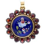A garnet, gold and enamel pendant, painted with roses on a blue ground, 35mm diam, 11g Good