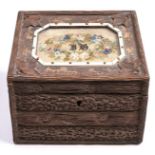 A Swiss or German rustic carved softwood trinket box, 19th c, the lid inset with a woolwork