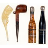 Two nickel plated metal mounted and stained wood champagne bottle novelty tobacco pipes, early