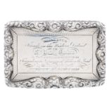 A William IV silver snuff box, engine turned within floral chased borders, the lid engraved with