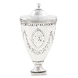 A George III neo classical urn shaped silver nutmeg grater, with domed lid and hinged front,