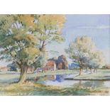 A C Bown - Summer River Landscape with Houses Beyond, watercolour, signed lower right, 11 x 15cm
