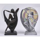 Two Art Deco style silvered or bronzed composition figural lamps, with disc shade and a set of three