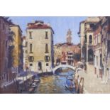 J Harpham - Venetian Canal Scene, watercolour and pastel, indistinctly signed lower right, 38 x 53cm