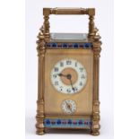 A French brass and champlevé enamel carriage timepiece-alarm, early 20th c,  the mask dial with