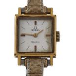 An Omega gold plated square lady's wristwatch, 17 x 18mm, on a replacement non Omega expanding