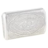 A George III silver snuff box,  of slightly curved section, the lid engraved with leafy scrolls, the