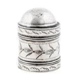 A George III engraved silver nutmeg grater, cylindrical with reeded bands, domed cover and