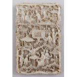 A Chinese export ivory card case, mid 19th c, intricately carved overall with densely packed scenes,