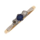 A three stone sapphire and diamond ring, gold hoop marked 18ct PLAT, 2.6g, size R Light wear