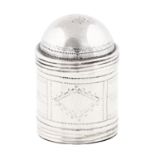 A George III engraved silver nutmeg grater, c1790, of cylindrical form with domed, threaded cover