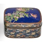A Japanese oblong blue ground cloisonne enamel box and cover, Meiji period, with chrysanthemums