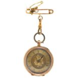 A Swiss gold cylinder lady's watch, late 19thc, 34mm, marked 14K, suspended from a gold safety