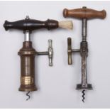 Corkscrews. A king screw with turned rosewood handle and brush, nickel plated winding handle and