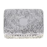 A Victorian silver vinaigrette,  engraved overall with scrolling foliage, vacant cartouche, the