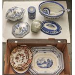 Miscellaneous blue printed earthenware, early 20th c and later, to include a soup tureen, cover