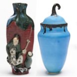 A Japanese Sumida ware vase, c1900 and a studio pottery blue glazed porcelain pear shaped vase and