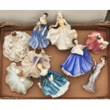 Eight Royal Doulton bone china figures of young ladies, various sizes, printed marks As a lot all in