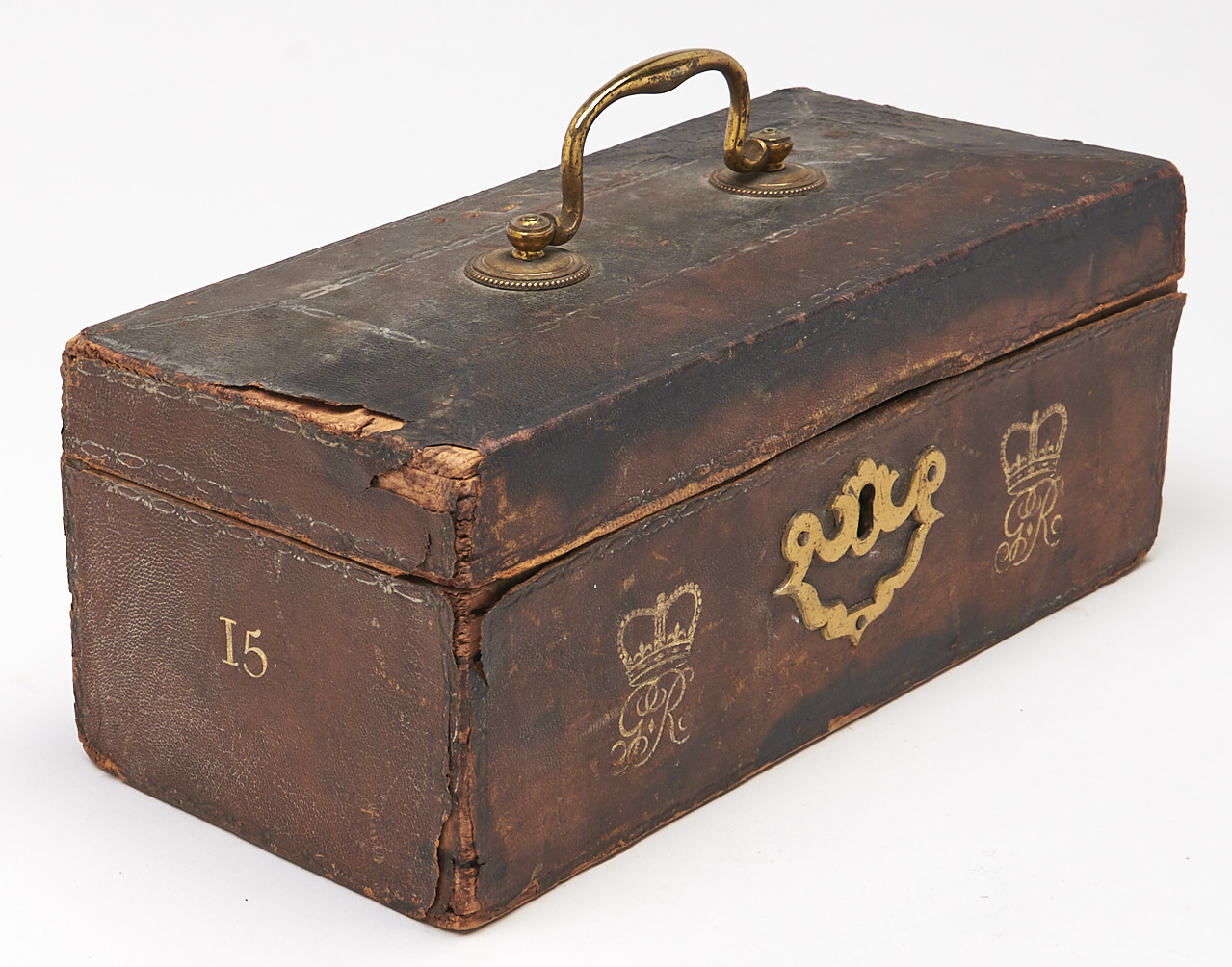 A George III tooled leather covered wood dispatch box, late 18th c, with brass carrying handle, - Image 3 of 3