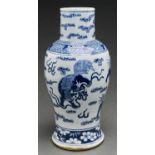 A Chinese blue and white vase, Qing dynasty, 18th c,  painted in two registers with dogs of Fo
