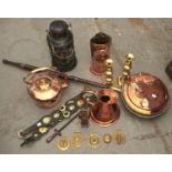 A Victorian copper and brass warming pan with turned oak handle, a Victorian copper kettle with