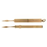 Two 9ct gold toothpicks, engine turned, approximately 50mm l (retracted), one by S J Rose & Son,