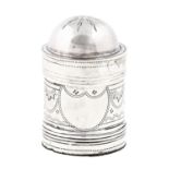 A George III engraved silver nutmeg grater, with reeded bands, domed, threaded cover and threaded