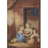 English School - Three Children at a Cottage Doors, bears a signature, watercolour, 130 x 93mm