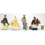 Three Royal Doulton figures, a Nao figure and a miniature Royal Crown Derby Imari pattern vase,