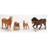 Two Beswick horses and a foal,  various sizes, printed marks and an Adderley Ware model of a bulldog