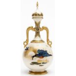 A Royal Worcester 'Persian' vase and reticulated cover, c1882, decorated with kingfishers on an