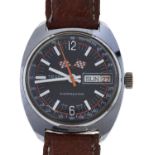 A Tegrov gentleman's wristwatch, with black, white and orange dial, day and date, stainless steel